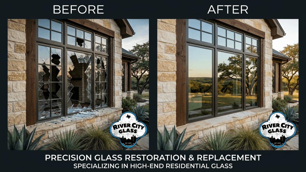 Before and after: shattered residential window restored to pristine glass by River City Glass
