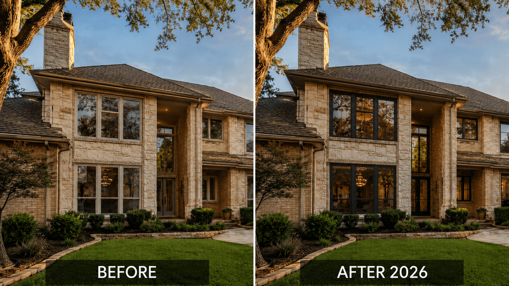 Before and after full-frame window replacement by River City Glass in San Antonio